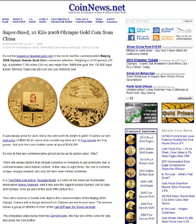 Super-Sized 10 Kilo 2008 Olympic Gold Coin from China Coin News
